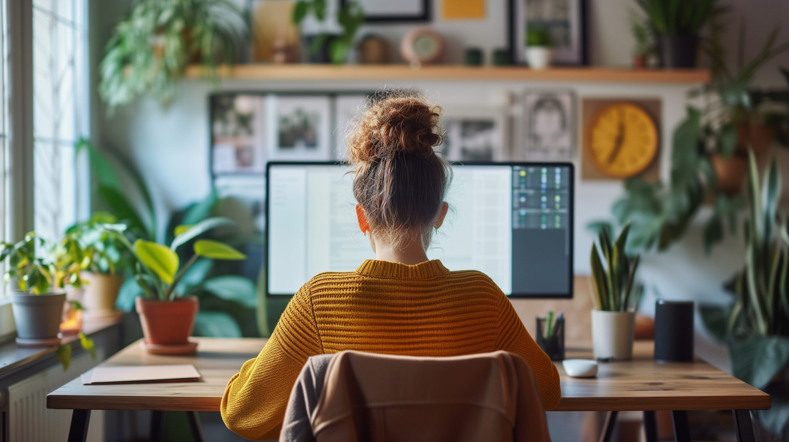 Femme de dos travaillant sur son ordinateur